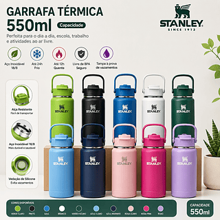 Garrafa térmica inox 550ml, bico duplo com capa protetora de silicone+Marca stanley