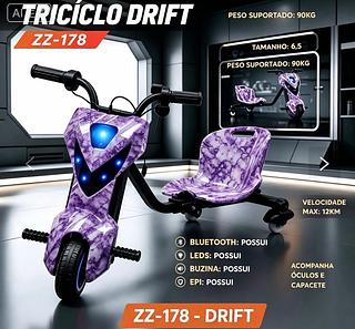 Triciclo elétrico infantil de 6,5 polegadas e 300W com luzes LED, Bluetooth, 3 velocidades e equipamentos de proteção (capacete, joelheiras e cotoveleiras).ycd-