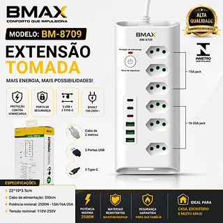Filtro de linha Regua de Tomadass 6tomadas 3USB 3Tipo C—BMAX