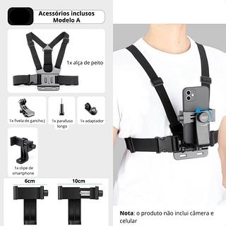 ￼Suporte de peito ajustável para telefones celulares e câmeras GoPro para peito de motocicleta e bicicleta