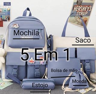 ￼Kit Mochila 5 Peças Conjunto Bolsas Feminina Estojo Escolar Com Chaveiro e Bottom，tem4cor