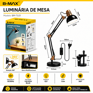 ￼Luminária de Mesa Articulada Pixar com Base ou Garra 2 em 1 Abajur Flexível LED para Escritório—BMAX
