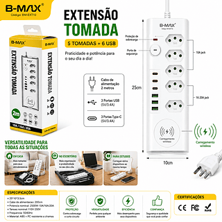 Filtro de linha Regua de Tomadass 5tomadas 3USB 3Tipo C E INDUÇÃO UNIVERSAL—BMAX